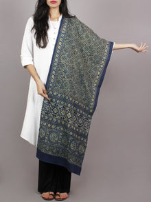 Indigo White Black Yellow Mughal Nakashi Ajrakh Hand Block Printed Cotton Stole - S63170137