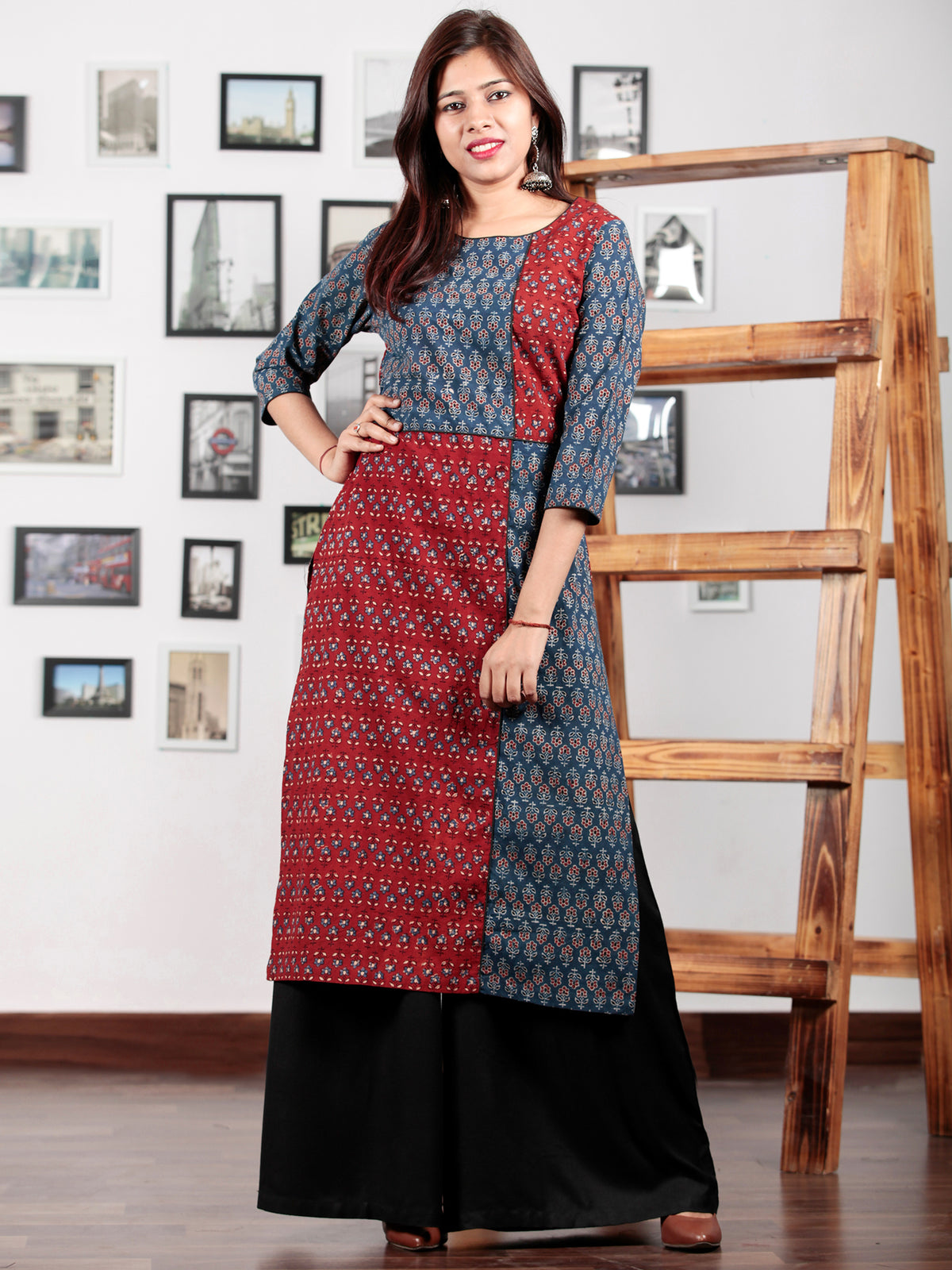 Indigo Maroon Black Beige Hand Printed Ajrakh Kurta in Natural Colors - K57BPA092