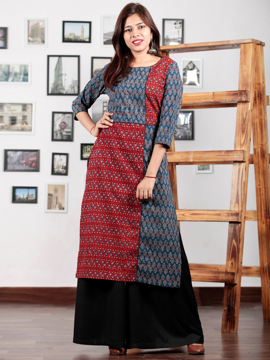 Indigo Maroon Black Beige Hand Printed Ajrakh Kurta in Natural Colors - K57BPA092