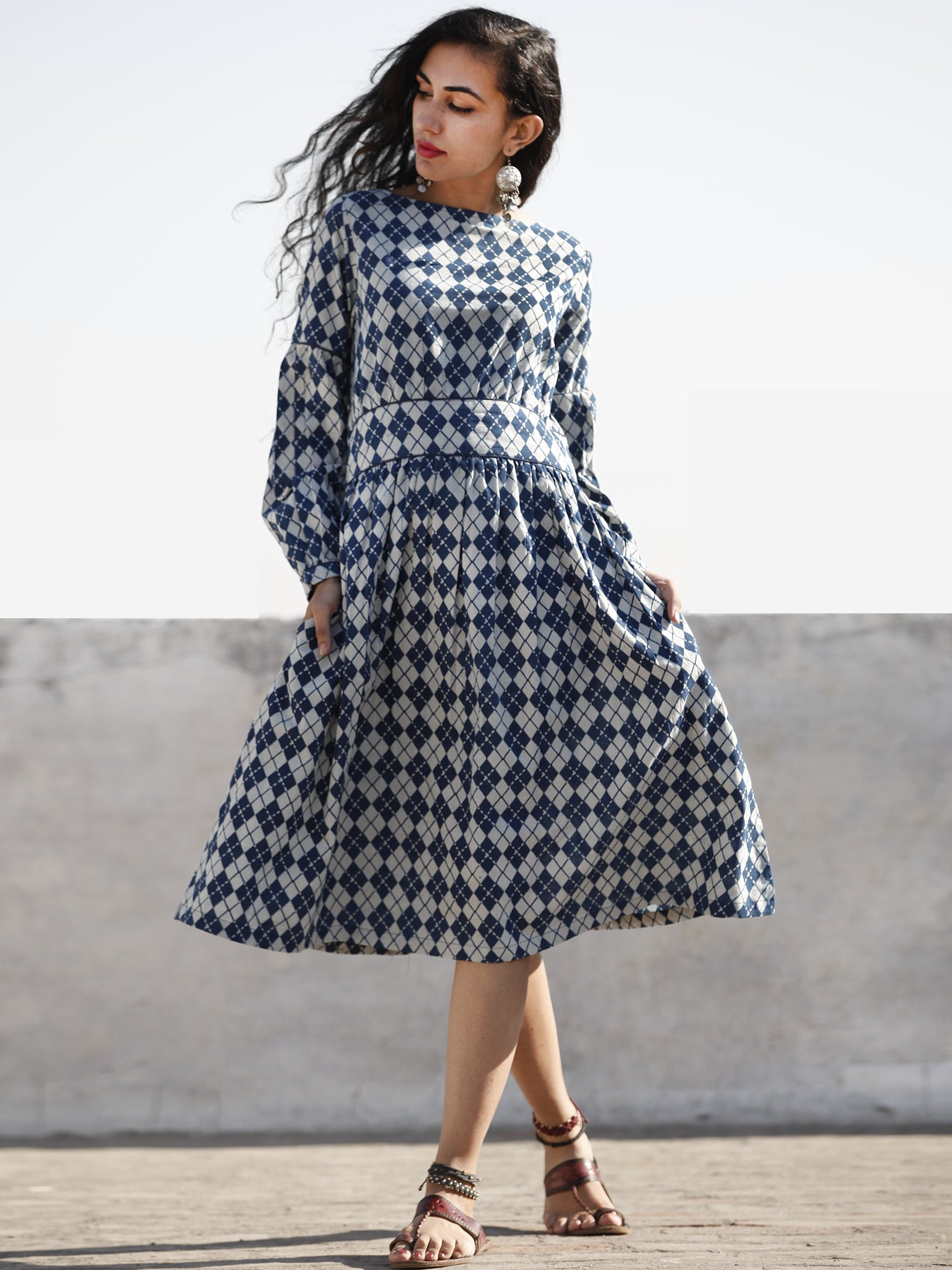 peasant sleeve midi dress Indigo White Hand Block Printed Cotton Midi Dress With Peasant Sleeves –  InduBindu