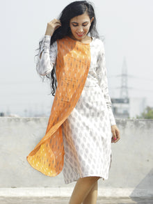 Ivory Peach black Ikat Dress With  Side Pockets  & Extra Long Cuff-  D115F820