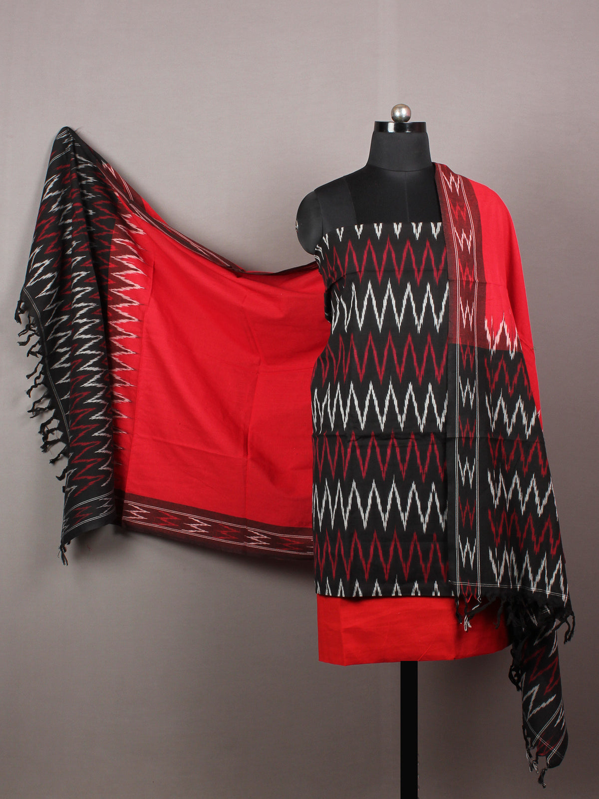 Red Black White Ikat Handwoven Cotton Suit Fabric Set of 3 - S1002030
