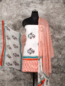 White Coral Teal Blue Hand Block Printed Cotton Suit-Salwar Fabric With Chiffon Dupatta (Set of 3) - SU01HB352