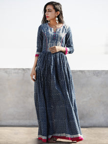 Naaz Indigo Ivory Magenta Hand Block Printed Cotton Dress With Gathers -  DS42F001