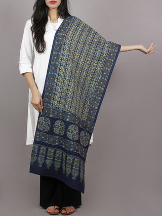 Indigo White Black Yellow Mughal Nakashi Ajrakh Hand Block Printed Cotton Stole - S63170138