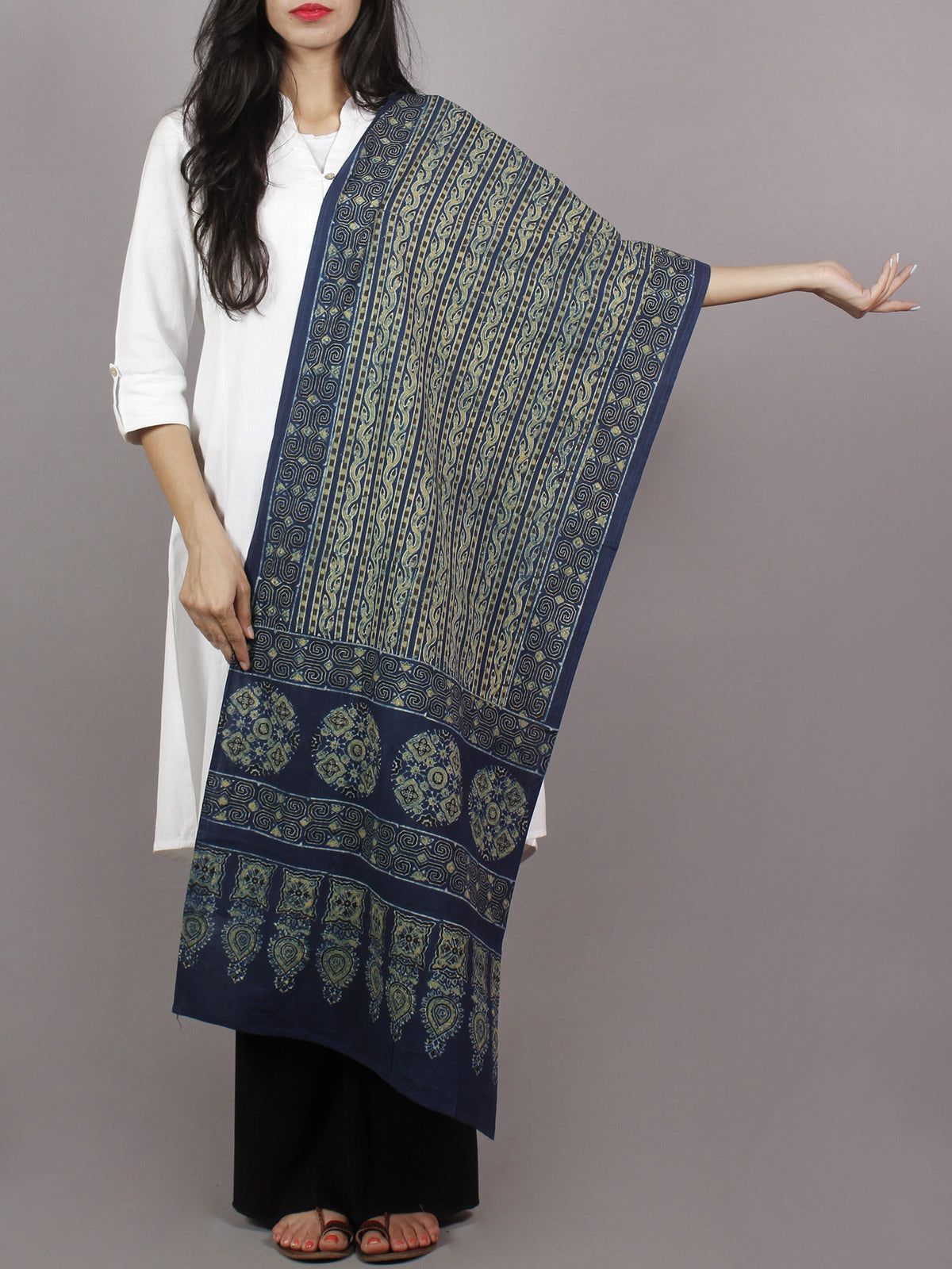 Indigo White Black Yellow Mughal Nakashi Ajrakh Hand Block Printed Cotton Stole - S63170138
