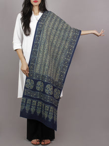 Indigo White Black Yellow Mughal Nakashi Ajrakh Hand Block Printed Cotton Stole - S63170138