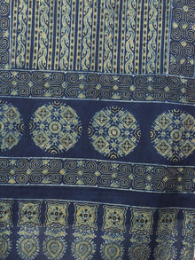 Indigo White Black Yellow Mughal Nakashi Ajrakh Hand Block Printed Cotton Stole - S63170138