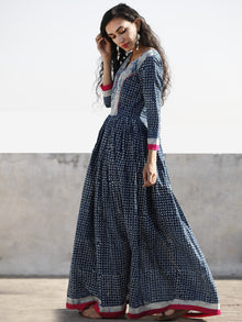 Naaz Indigo Ivory Magenta Hand Block Printed Cotton Dress With Gathers -  DS42F001