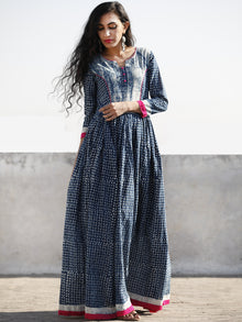 Naaz Indigo Ivory Magenta Hand Block Printed Cotton Dress With Gathers -  DS42F001