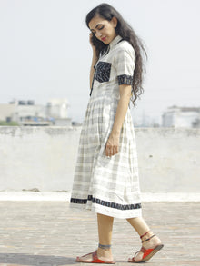 Ivory Black Blue Handwoven Ikat Dress With Pockets and Gathers -  D116F950