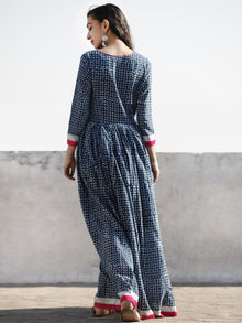 Naaz Indigo Ivory Magenta Hand Block Printed Cotton Dress With Gathers -  DS42F001