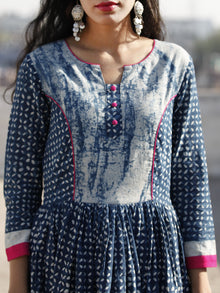 Naaz Indigo Ivory Magenta Hand Block Printed Cotton Dress With Gathers -  DS42F001