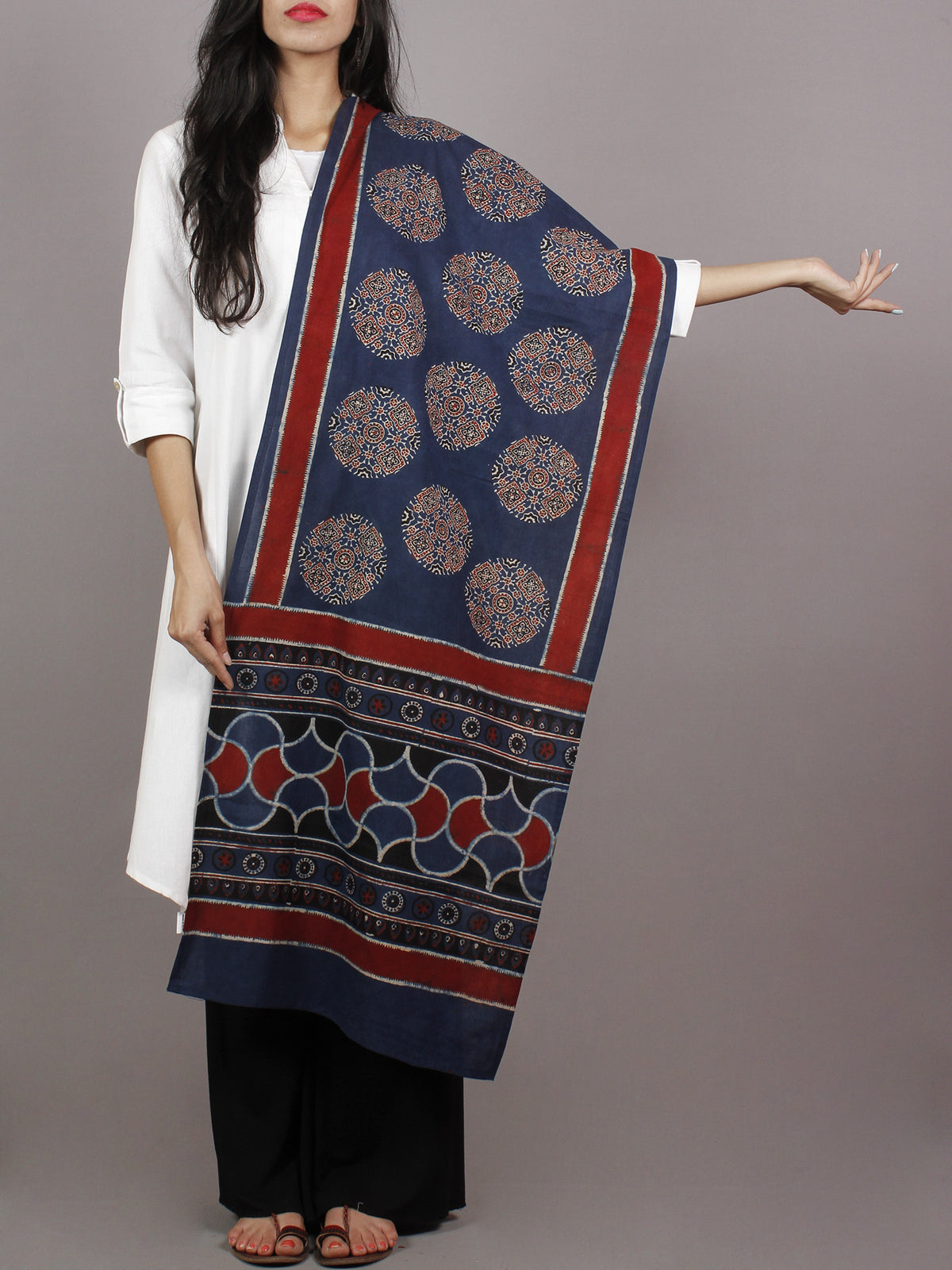 Indigo Maroon Ivory Black Mughal Nakashi Ajrakh Hand Block Printed Cotton Stole - S63170139