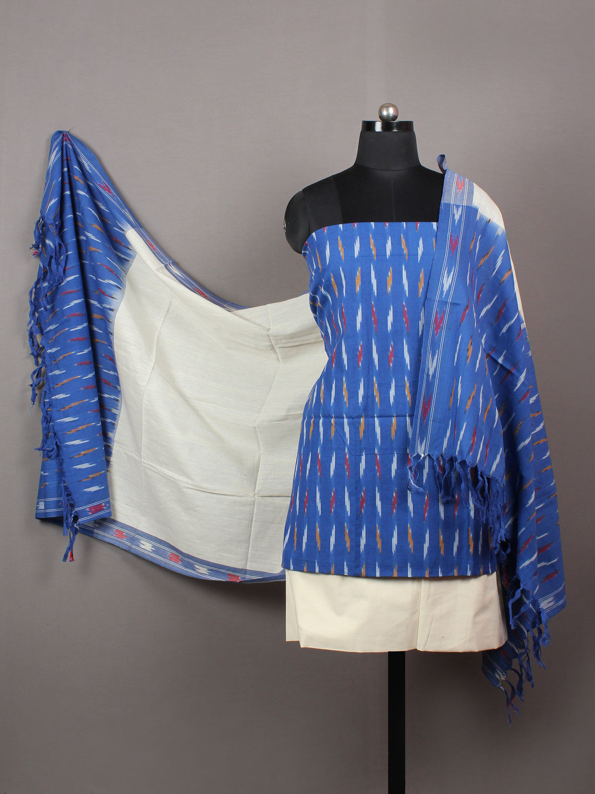 Sapphire Blue Ivory Multi Color Ikat Handwoven Cotton Suit Fabric Set of 3 - S1002031