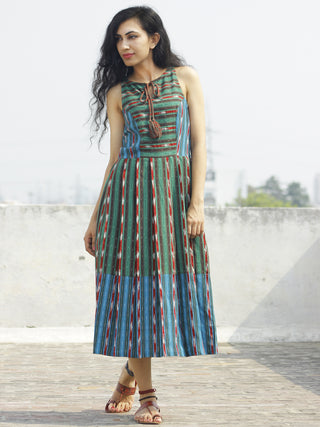 Green Blue Brown Red Ivory  Handwoven Ikat Dress With knife Pleats and Tassels -  D117F738