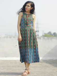 Green Blue Brown Red Ivory  Handwoven Ikat Dress With knife Pleats and Tassels -  D117F738