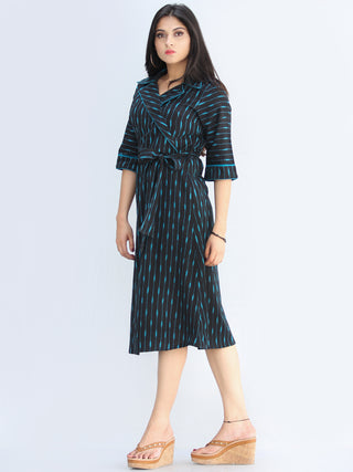 Musn - Handwoven Ikat Cotton Midi Tie Up Dress - D424F1444
