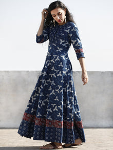 Indigo White Red Hand Block Printed Cotton Dress With Pin Tuck  - D204F1110