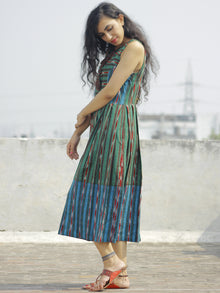 Green Blue Brown Red Ivory  Handwoven Ikat Dress With knife Pleats and Tassels -  D117F738