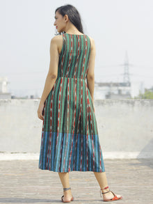 Green Blue Brown Red Ivory  Handwoven Ikat Dress With knife Pleats and Tassels -  D117F738
