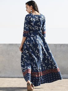 Indigo White Red Hand Block Printed Cotton Dress With Pin Tuck  - D204F1110
