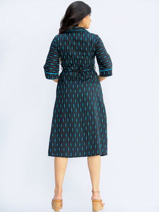 Musn - Handwoven Ikat Cotton Midi Tie Up Dress - D424F1444