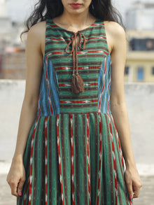 Green Blue Brown Red Ivory  Handwoven Ikat Dress With knife Pleats and Tassels -  D117F738
