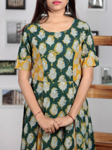 Hunter Green Yellow Ivory Hand Block Printed Cotton Long Dress With Inverted Pleates - D228F1142