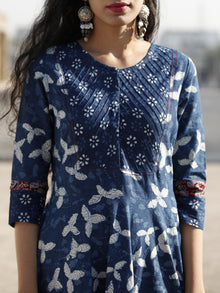 Indigo White Red Hand Block Printed Cotton Dress With Pin Tuck  - D204F1110
