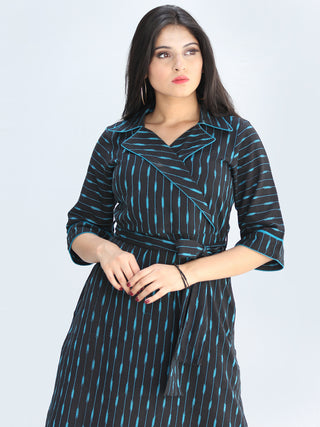 Musn - Handwoven Ikat Cotton Midi Tie Up Dress - D424F1444