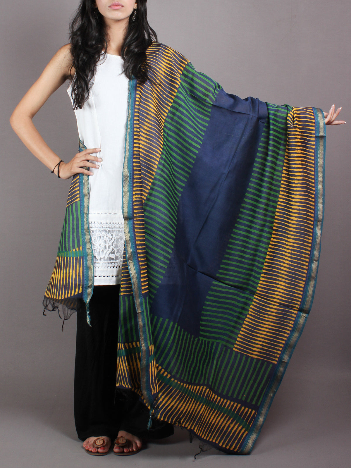 Multi Color Hand Block Printed Chanderi Dupatta - D0417076