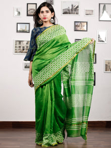 Green White Chanderi Silk Hand Block Printed Saree With Zari Border - S031703183