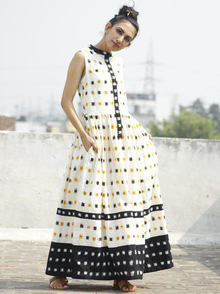 Ivory Black Mustard Ikat Sleeveless Dress With Side Pockets-  D107F764