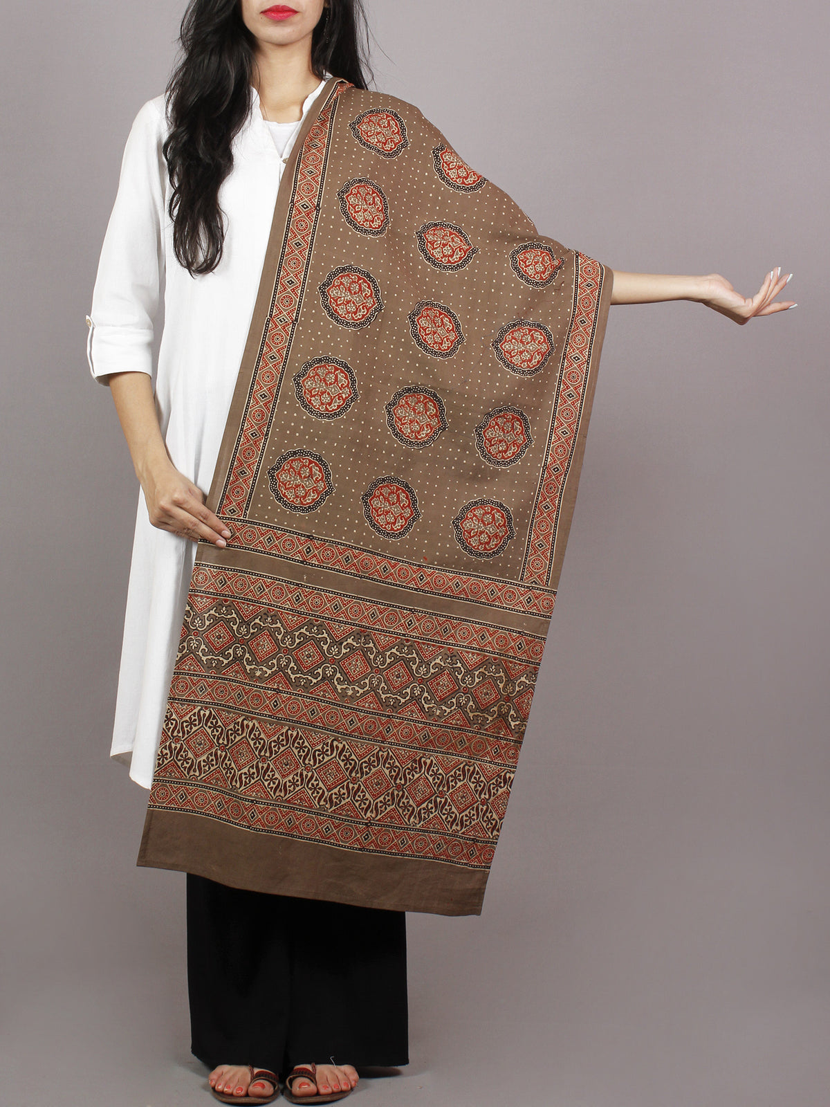 Brown Beige Maroon Black Mughal Nakashi Ajrakh Hand Block Printed Cotton Stole - S63170140