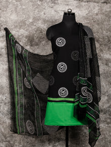 Black White Green Grey Hand Block Printed Cotton Suit-Salwar Fabric With Chiffon Dupatta (Set of 3) - SU01HB354