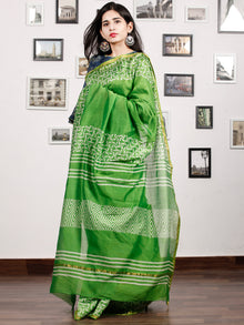 Green White Chanderi Silk Hand Block Printed Saree With Zari Border - S031703183
