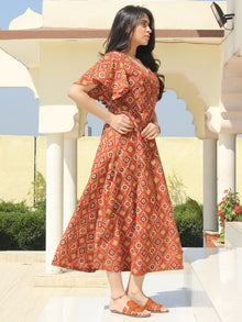 Wirda - Rust Brown Hand Block Printed Cotton Angrakha Dress With Ruffle Sleeves - D273F2149