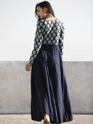 Indigo Green Ivory Hand Block Printed Ajrakh Cotton LongDress - D205F863