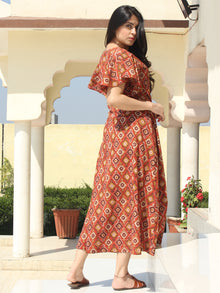 Wirda - Rust Brown Hand Block Printed Cotton Angrakha Dress With Ruffle Sleeves - D273F2149