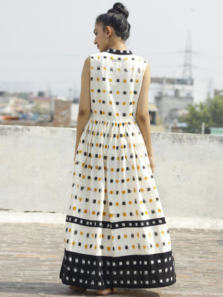 Ivory Black Mustard Ikat Sleeveless Dress With Side Pockets-  D107F764