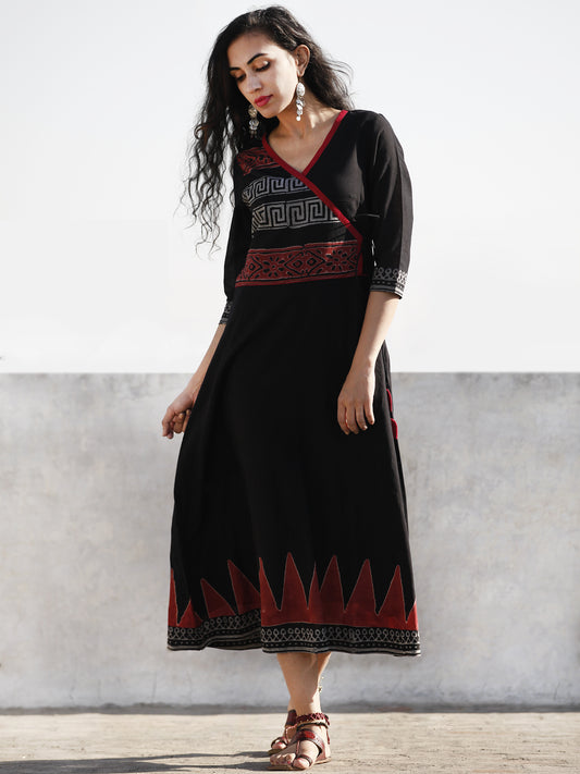 Naaz Black Red Grey Hand Block Printed Cotton Angrakha Style Midi Dress - DS47F000