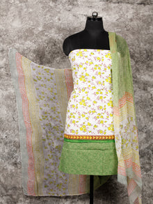 White Yellow Rust Green Hand Block Printed Cotton Suit-Salwar Fabric With Chiffon Dupatta (Set of 3) - SU01HB355