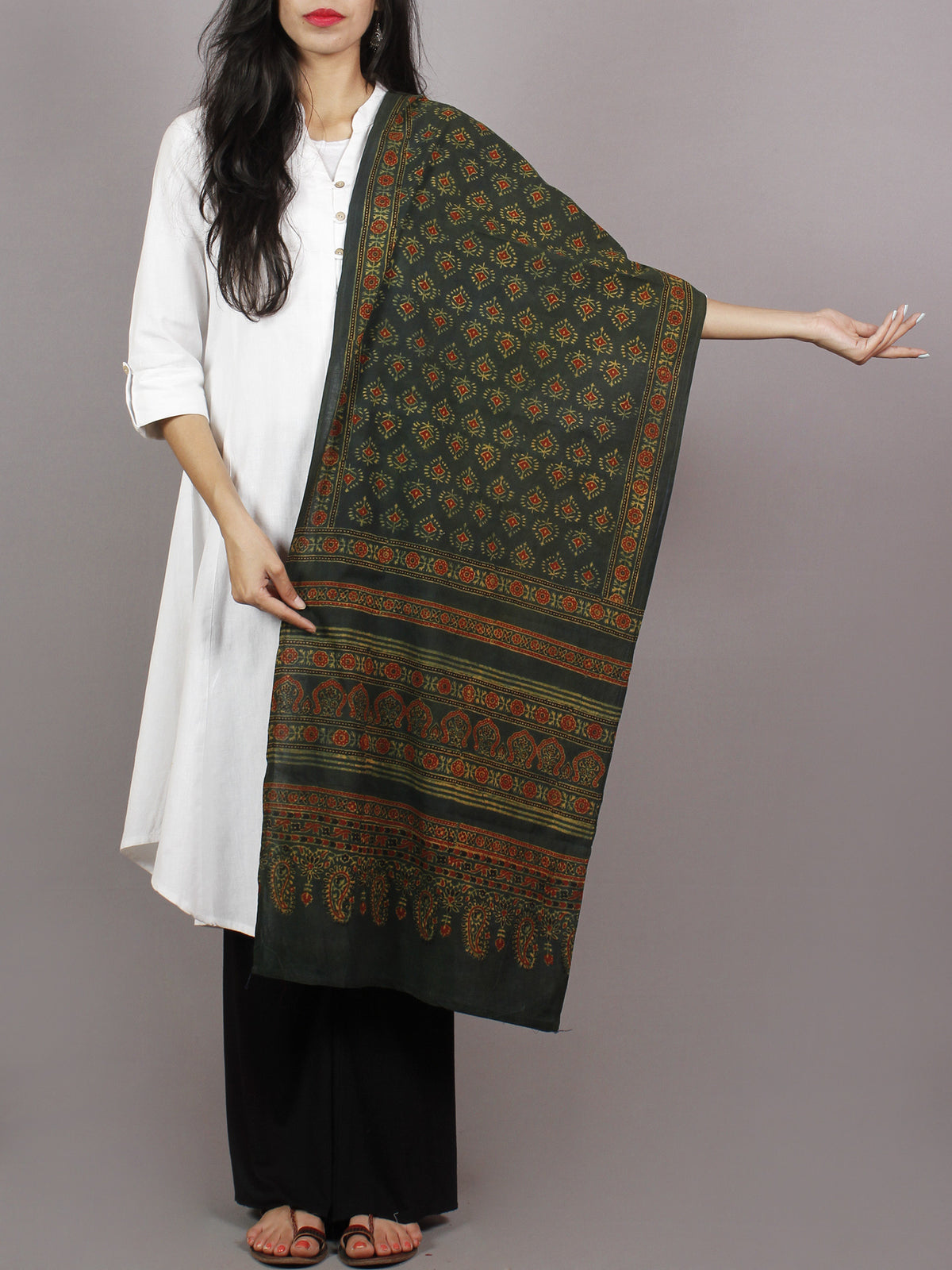 Dark Green Maroon Black Mughal Nakashi Ajrakh Hand Block Printed Cotton Stole - S63170141