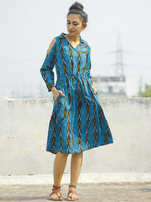 Blue Black Mustard Ivory Handwoven Ikat Dress With Cold Shoulder & Tie Up Waist -  D119F825