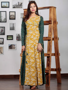Green Rust Mustard Ivory Hand Block Printed Cotton Dress With Tie Up Detail At Waist  -  D176F1303