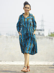 Blue Black Mustard Ivory Handwoven Ikat Dress With Cold Shoulder & Tie Up Waist -  D119F825