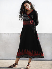 Naaz Black Red Grey Hand Block Printed Cotton Angrakha Style Midi Dress - DS47F000