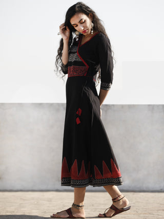 Naaz Black Red Grey Hand Block Printed Cotton Angrakha Style Midi Dress - DS47F000