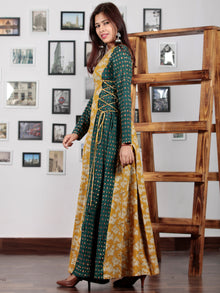 Green Rust Mustard Ivory Hand Block Printed Cotton Dress With Tie Up Detail At Waist  -  D176F1303